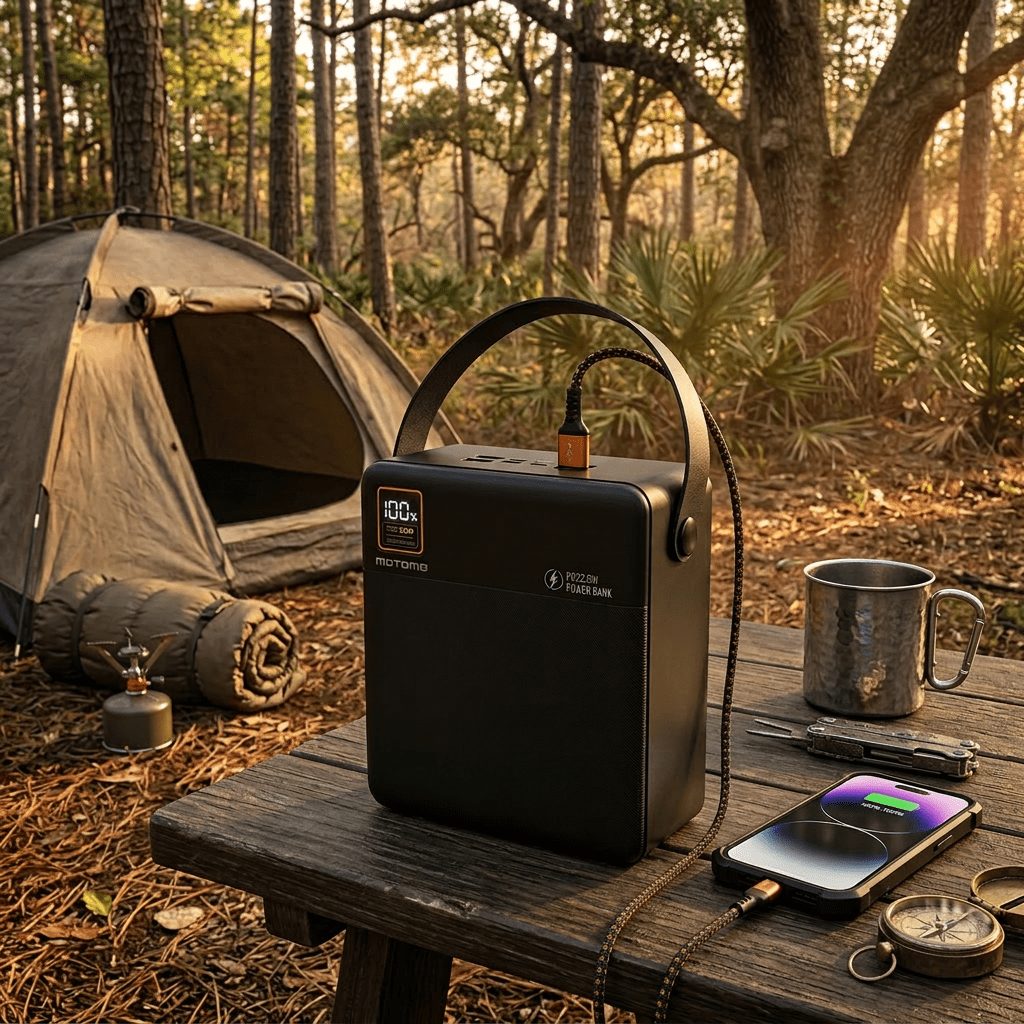 Power bank en uso en un campamento, cargando un teléfono sobre una mesa de exterior