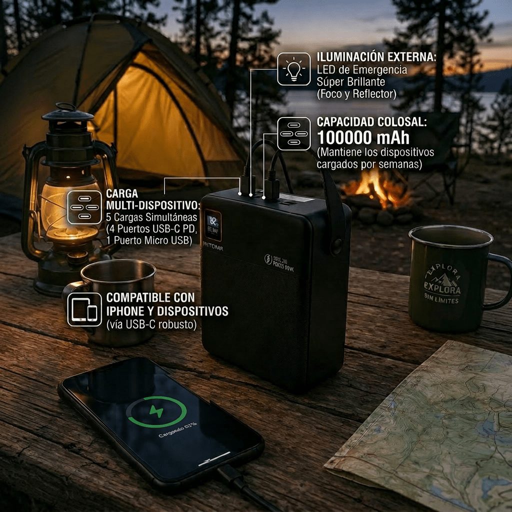 Power bank iluminando un campamento de noche mientras carga un teléfono