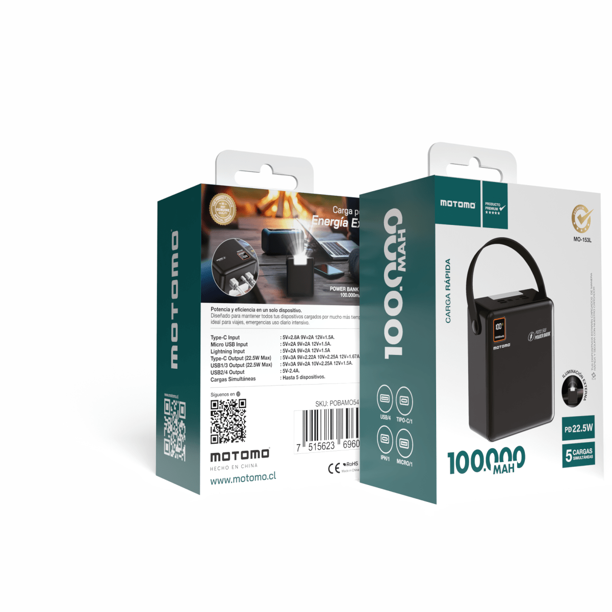 Caja del Power Bank MOTOMO MO-153L de 100.000 mAh