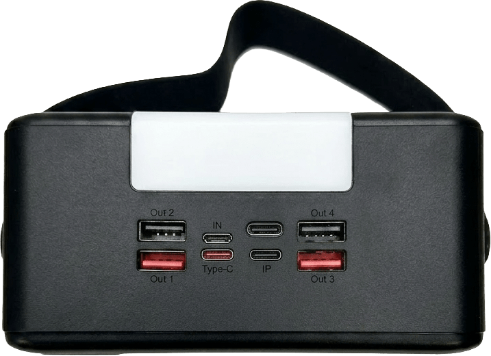 Panel de puertos del power bank: 4 salidas USB-A, salida USB-C, entradas de recarga y luz integrada